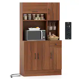 Costway - 66" Pantry Cabinet Tall Kitchen Storage Cabinet with Charging Station - Brown