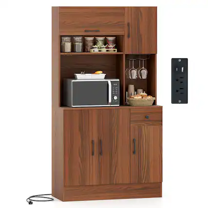 Front. Costway - Costway 66" Pantry Cabinet Tall Kitchen Storage Cabinet with Charging Station - Brown.