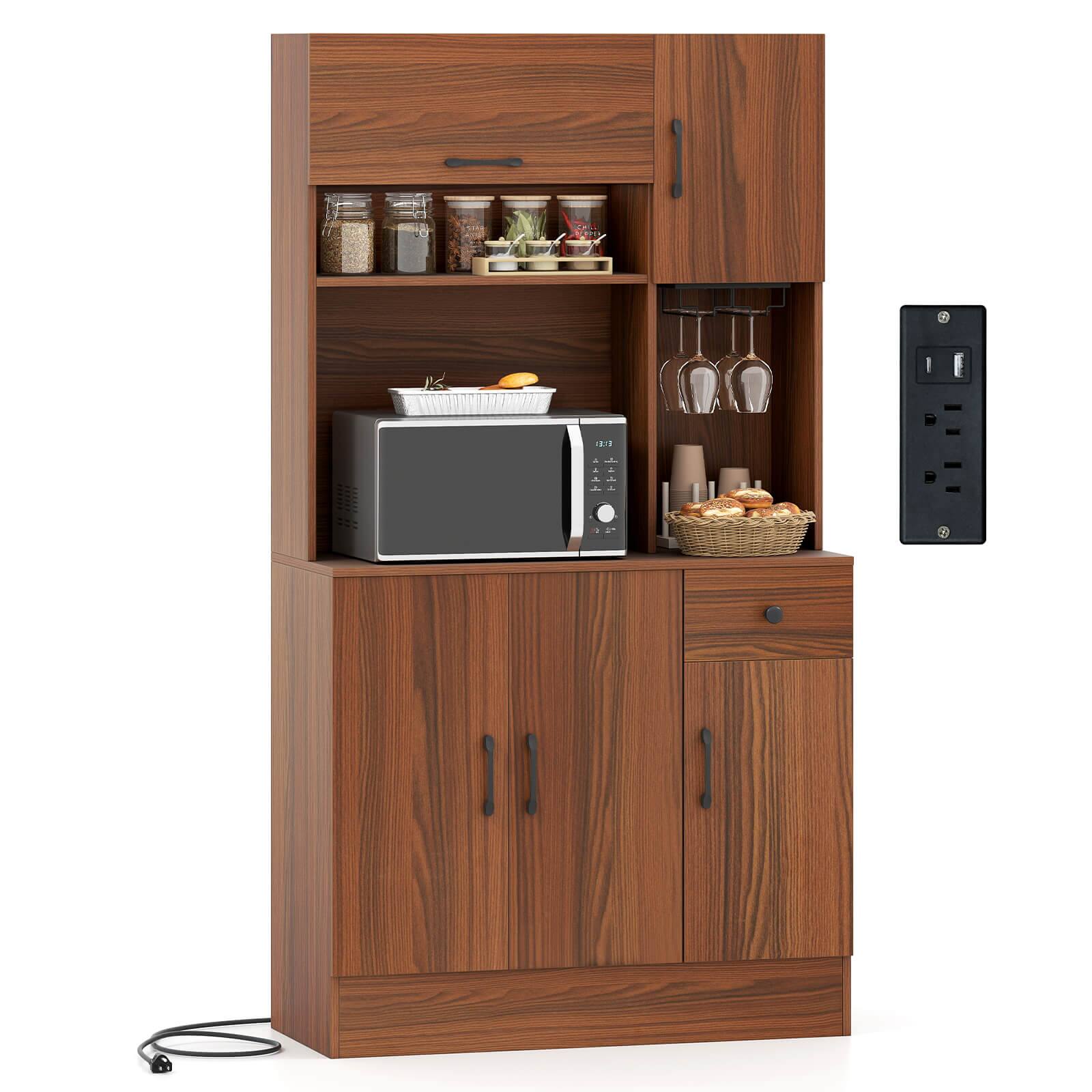 Costway - 66" Pantry Cabinet Tall Kitchen Storage Cabinet with Charging Station - Brown