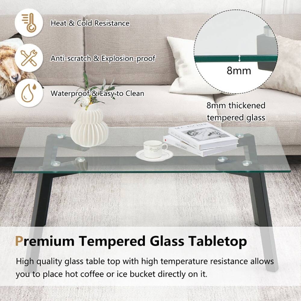 Heat & Cold Resistance  
Anti-scratch & Explosion-proof  
Waterproof & Easy to Clean  

8mm thickened tempered glass  

Premium Tempered Glass Tabletop  
High quality glass table top with high temperature resistance allows you to place hot coffee or ice bucket directly on it.