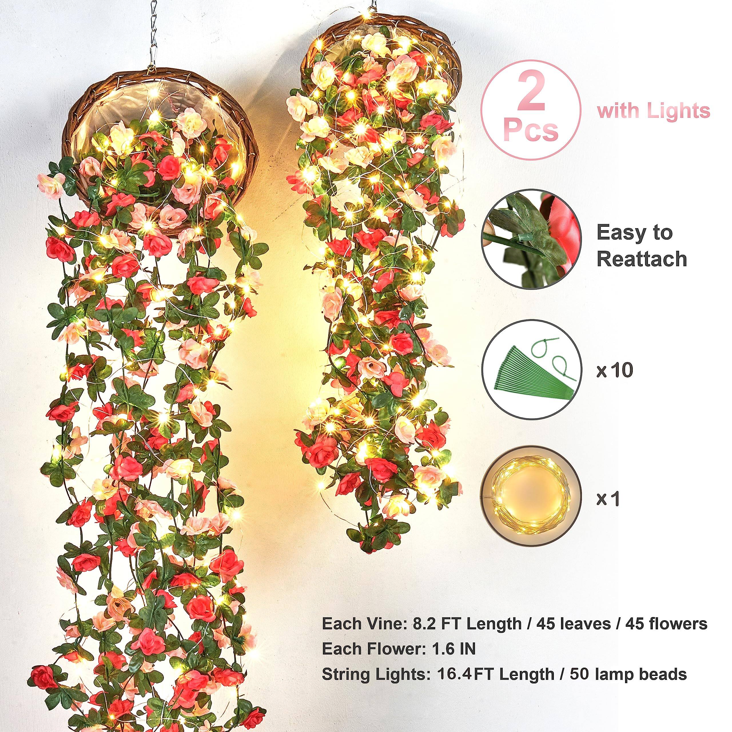 2 Pcs with Lights  
Easy to Reattach  

Each Vine: 8.2 FT Length / 45 leaves / 45 flowers  
Each Flower: 1.6 IN  
String Lights: 16.4 FT Length / 50 lamp beads