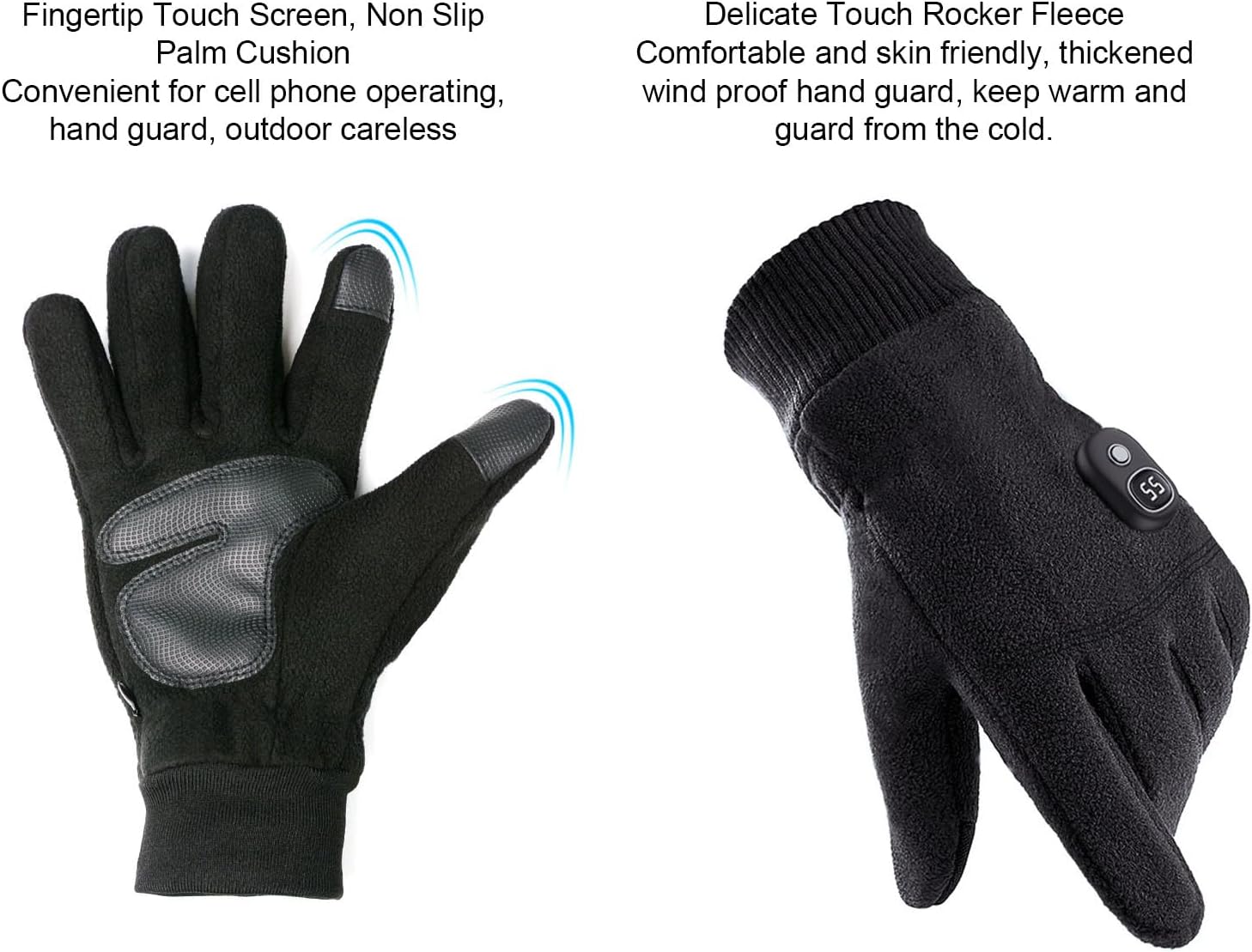 Fingertip Touch Screen, Non Slip Palm Cushion  
Convenient for cell phone operating, hand guard, outdoor careless  

Delicate Touch Rocker Fleece  
Comfortable and skin friendly, thickened wind proof hand guard, keep warm and guard from the cold.