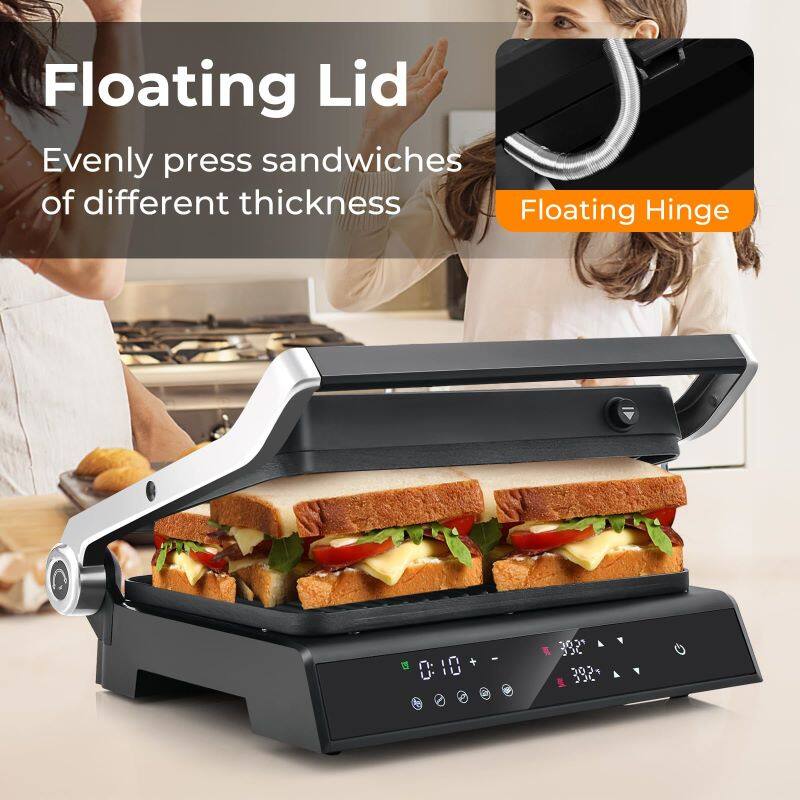 Floating Lid  
Evenly press sandwiches of different thickness  

Floating Hinge