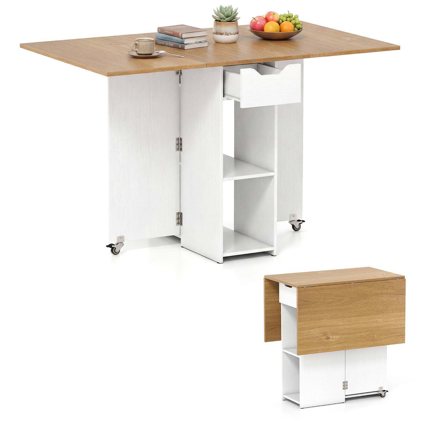 Alt View 9. Gymax - Gymax Folding Dining Table w/2 Open Shelves & Drawer 2 Lockable Universal Wheels Natural & Black - Natural.