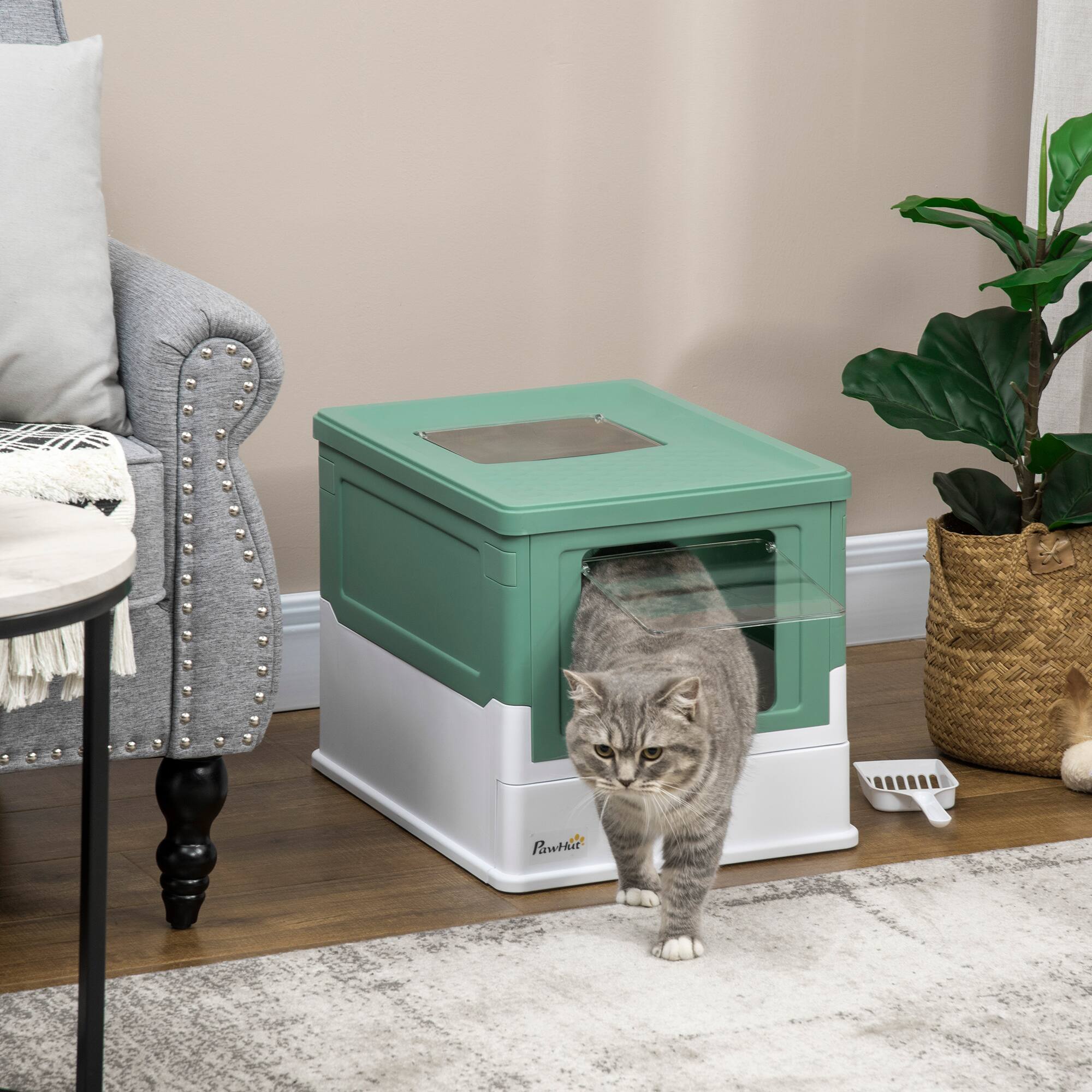 Angle. Pawhut - Fully Enclosed Cat Litter Box with Scoop, Hooded, Drawer Tray, Foldable, Smell Proof, Front Entry, Top Exit, Portable - Green.