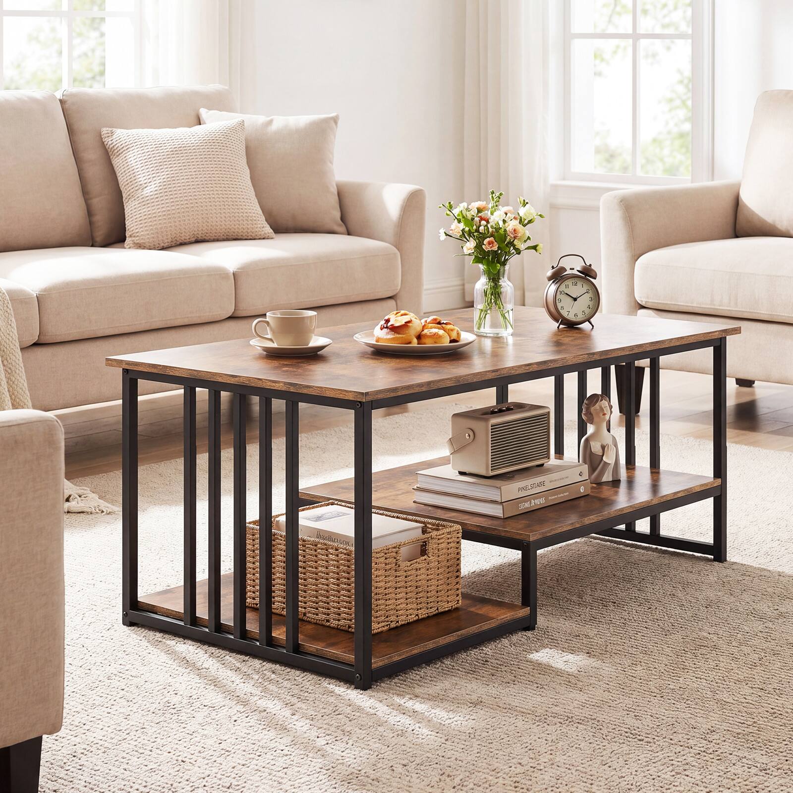 Alt View 5. Gymax - Gymax 2-Tier Coffee Table 43.5'' Industrial Rectangle Center Table w/Open Storage Shelf Rustic Brown & Black - Brown.