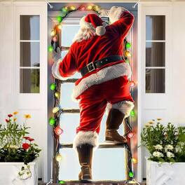 MOSZAR LLC - Santa Climbing Ladder Door Cover, 35x71" Holiday Banner with Lights - Red