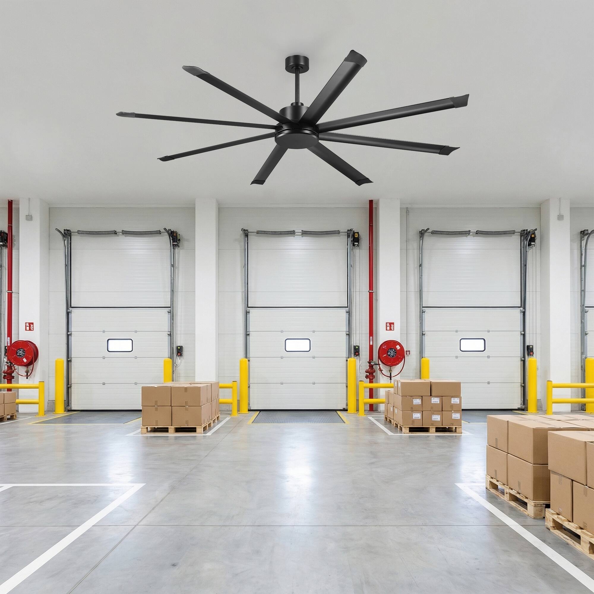 Alt View 1. Vaczon - 84" Industrial 8-Blade Aluminum 6-Speed HVLS Commercial Ceiling Fan with DC Motor and Remote Control, No Light - Matte Black.