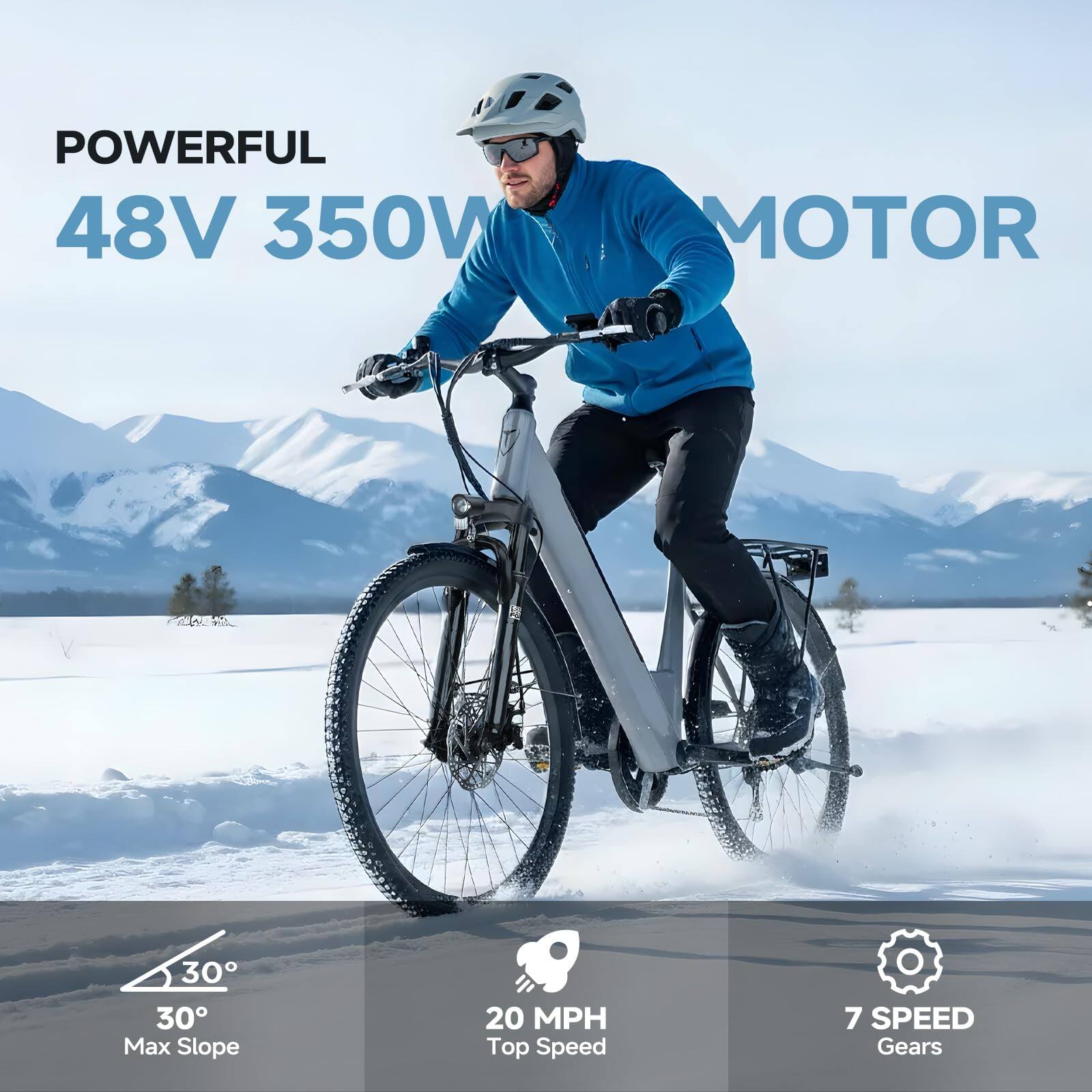 POWERFUL 48V 350W MOTOR  
30° Max Slope  
20 MPH Top Speed  
7 SPEED Gears
