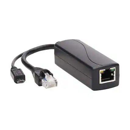 Front. Eaton - NPOE-SPL-G-5VMU Tripp Lite Series PoE To USB Micro-B And RJ45 Active Splitter - 802.af - 48 Volts To 5 Volts 1 Amps - Up - Black.