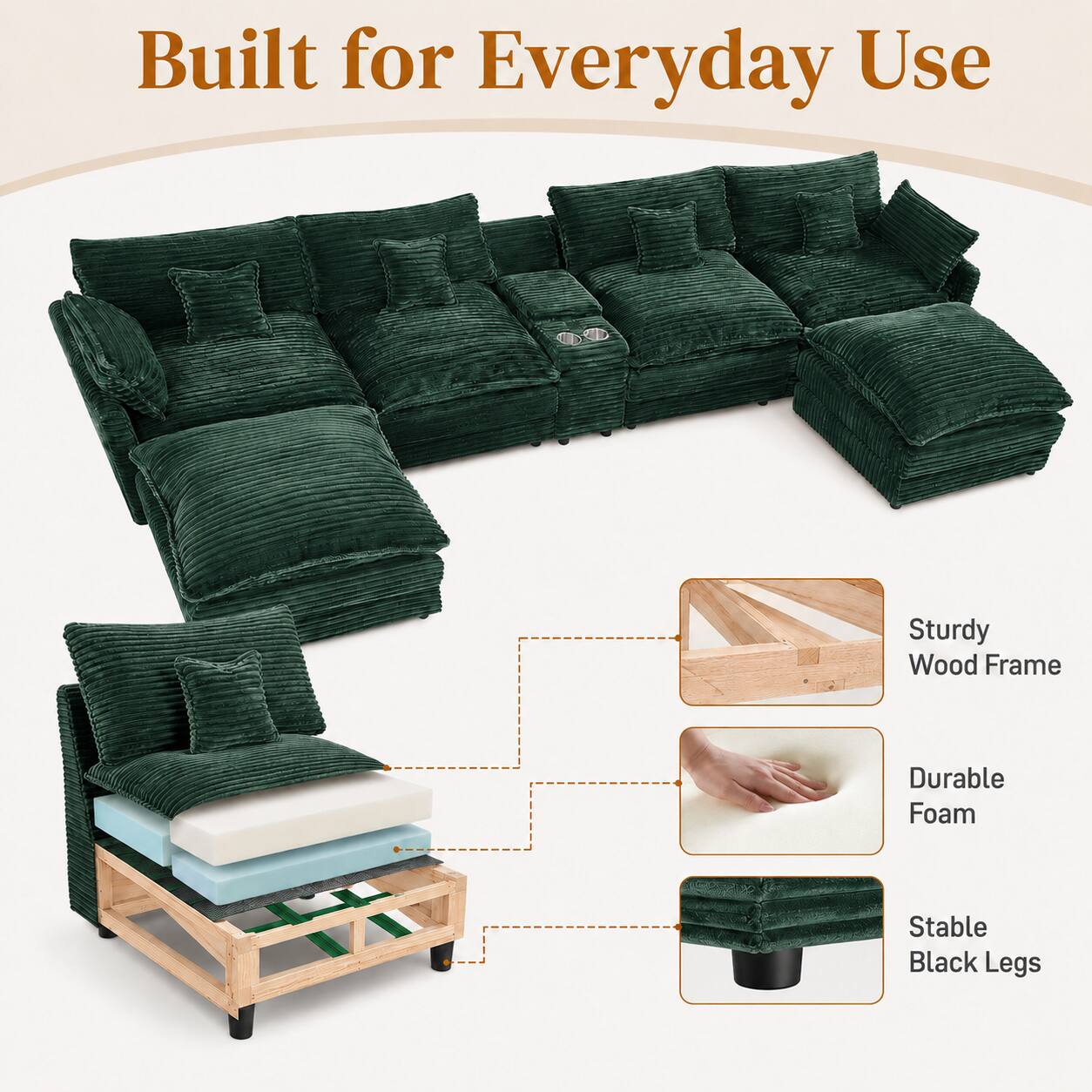 Built for Everyday Use  
Sturdy Wood Frame  
Durable Foam  
Stable Black Legs