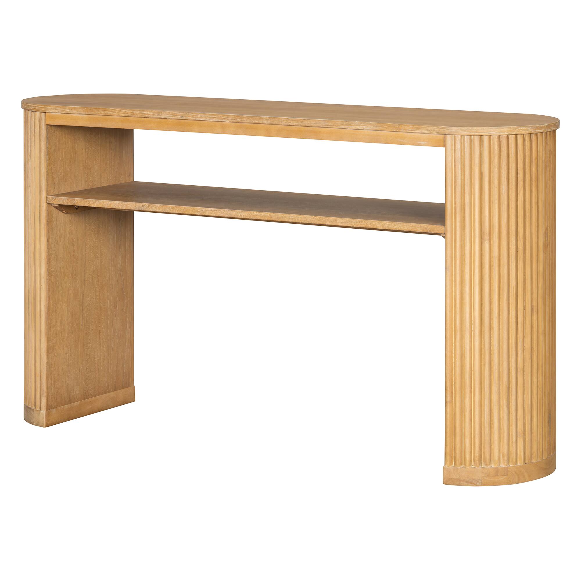 Angle. Whisen - Rustic Console Table with Fluted Legs, Vintage Oval Entryway Sofa Table with Open Shelf-Natural - Natural.