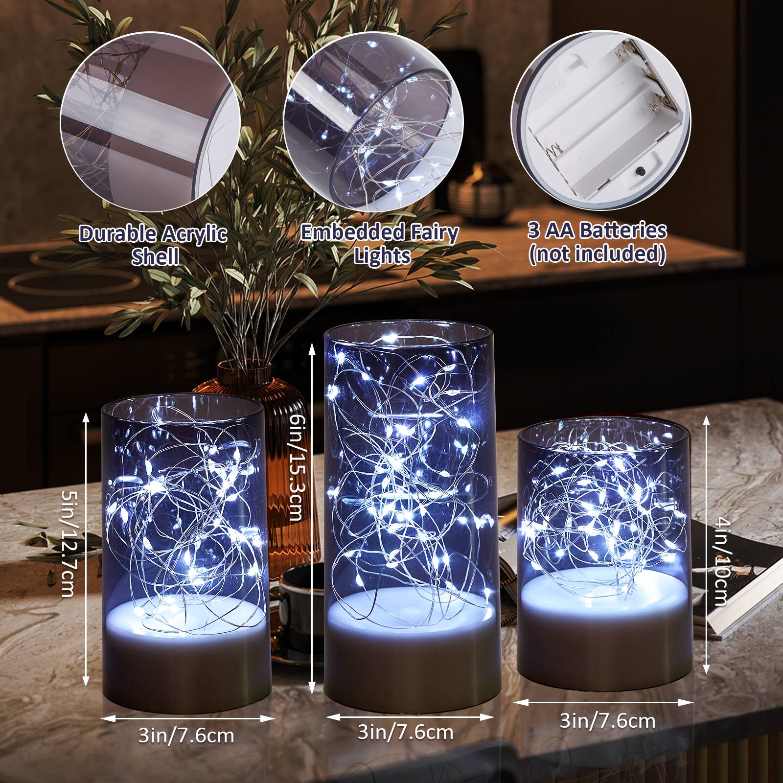 Durable Acrylic Shell, Embedded Fairy Lights, 3 AA Batteries (not included), 5in/12.7cm, 6in/15.3cm, 4in/10cm, 3in/7.6cm, 3in/7.6cm, 3in/7.6cm