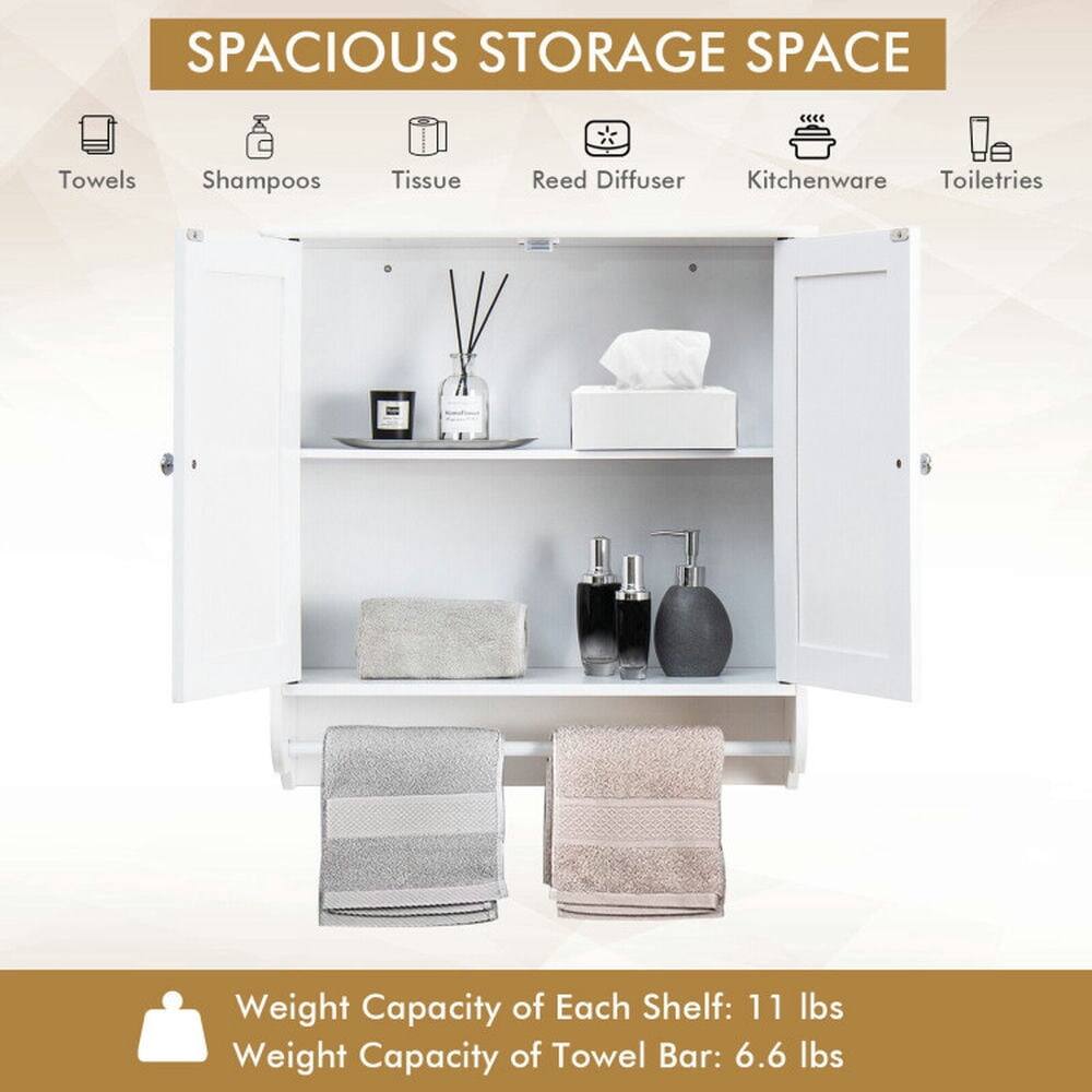 SPACIOUS STORAGE SPACE

- Towels
- Shampoos
- Tissue
- Reed Diffuser
- Kitchenware
- Toiletries

Weight Capacity of Each Shelf: 11 lbs  
Weight Capacity of Towel Bar: 6.6 lbs