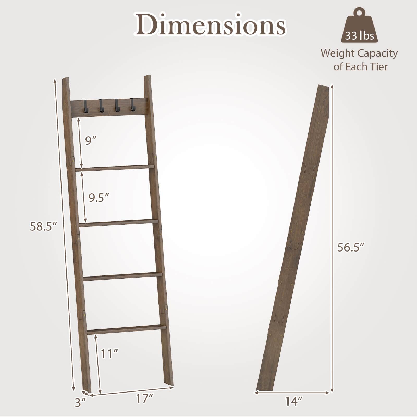 Dimensions  
- Height: 58.5"  
- Width: 17"  
- Depth: 3"  
- Shelf Spacing: 9", 9.5", 11"  
- Weight Capacity of Each Tier: 33 lbs  
- Overall Width: 14"  
- Overall Depth: 56.5"