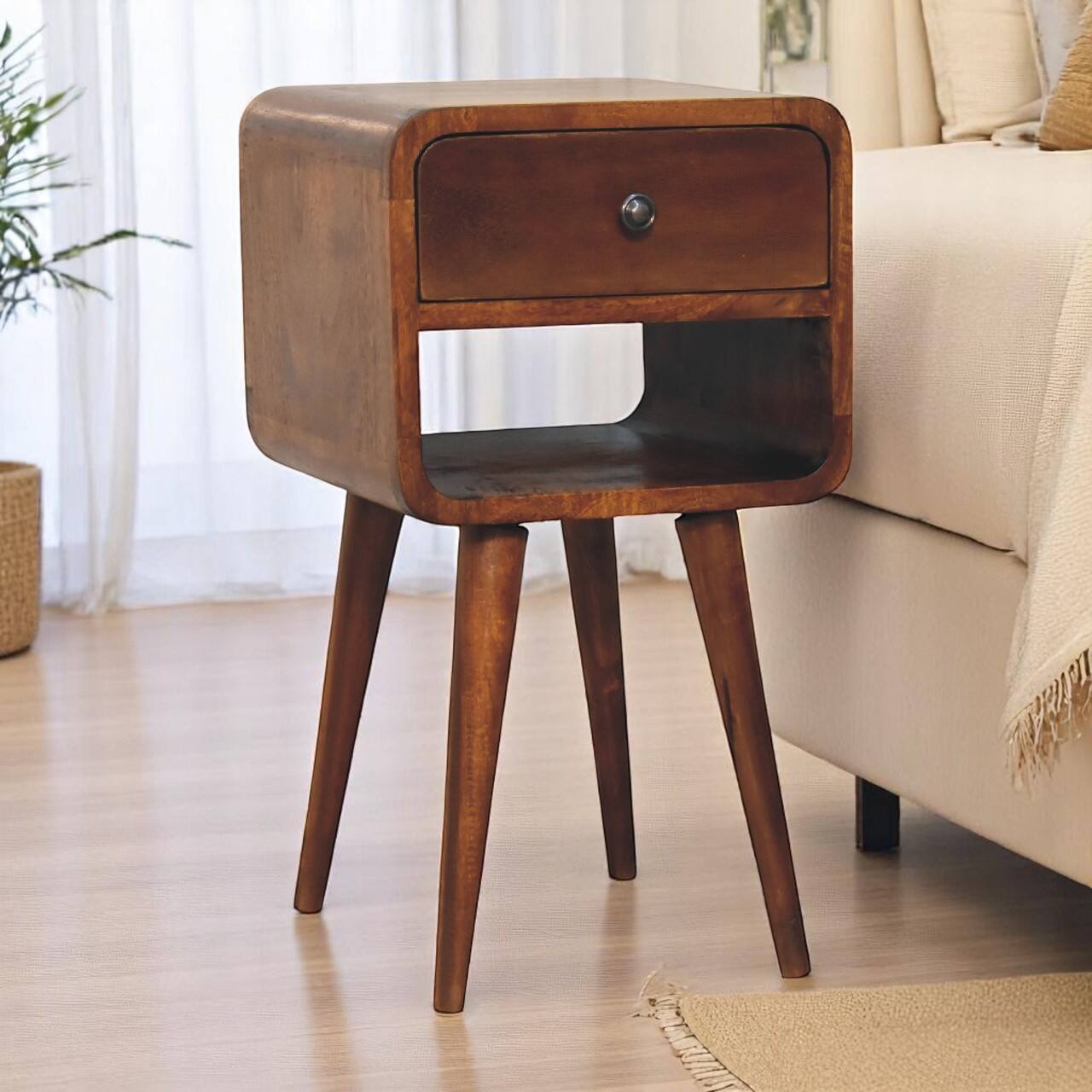 Angle. Artisan Furniture - Artisan Furniture Solid Wood Mini Chestnut Curve Lower Nightstand, 1 Drawer, 1 Open-slot, Nordic legs, Brown - Chestnut.