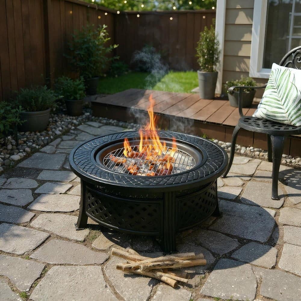 Kadyn - Fire Pit Fire BowlOutdoor FirepitOutdoor Fire Pit with BBQ Grill and Hightemp Resistance Finish - Black