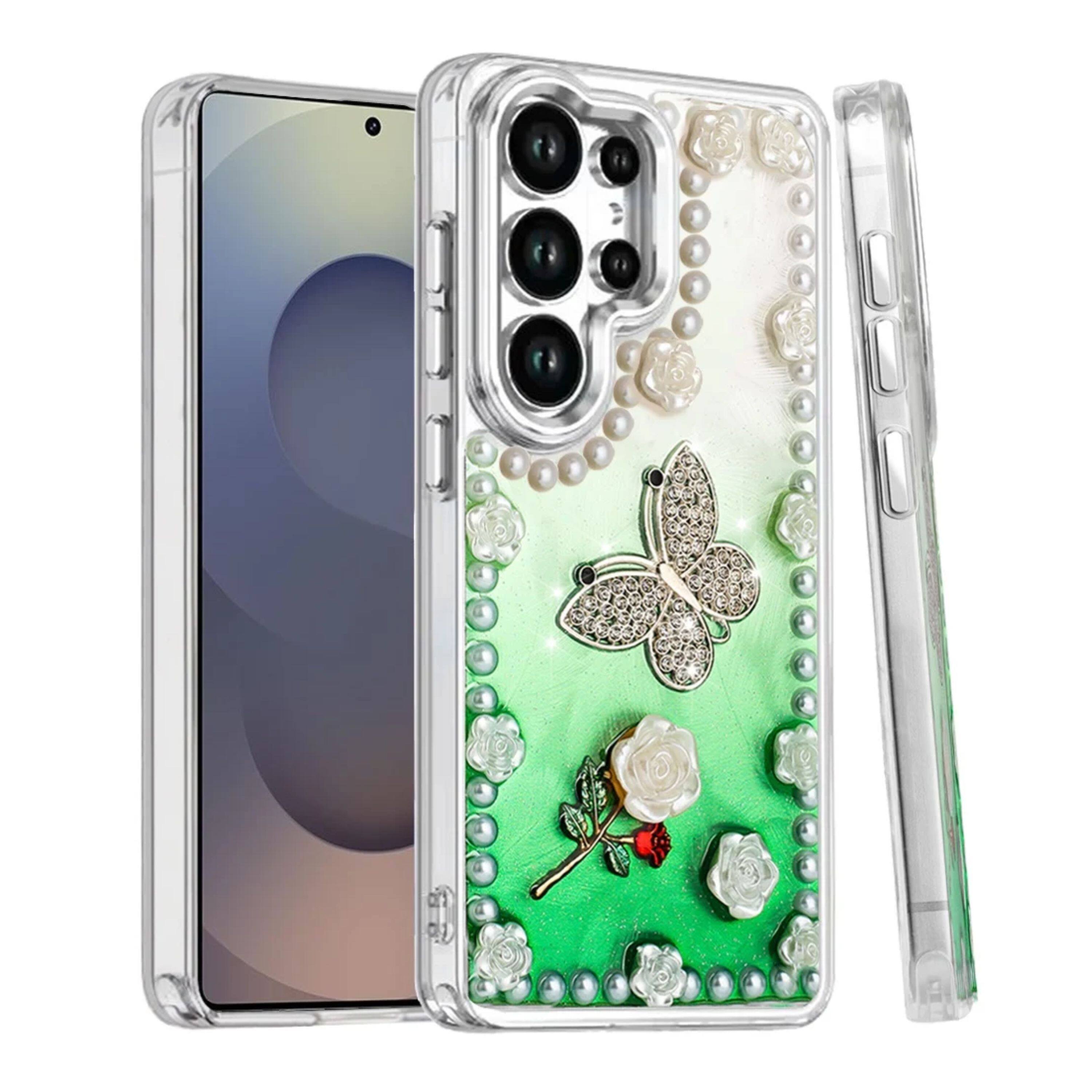 Left. Kitcheniva - Floral Faux Pearl Trim 3D Charms Phone Case With Tempered Glass For Samsung S25 Ultra Green - Multicolor.