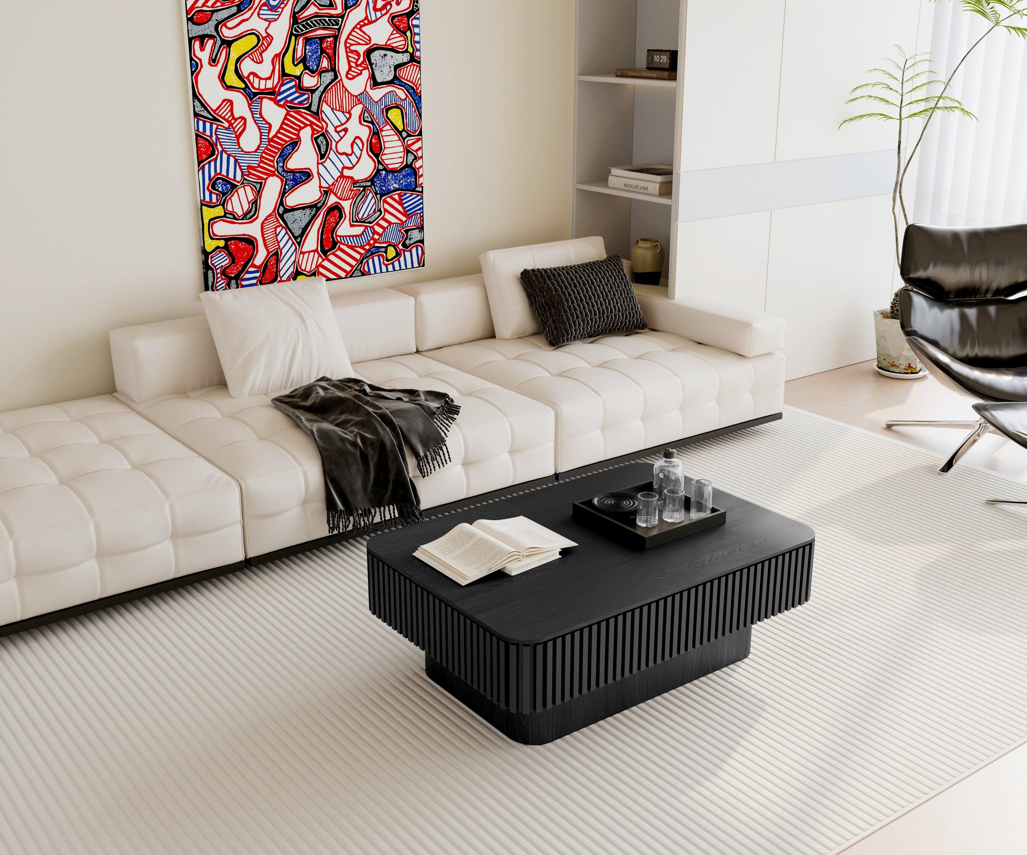 Back. Loheer - Loheer Lift Top Coffee Table Black Fluted Adjustable Height Coffee Table with Storage for Modern Apartment 38.6 Inch - Black.