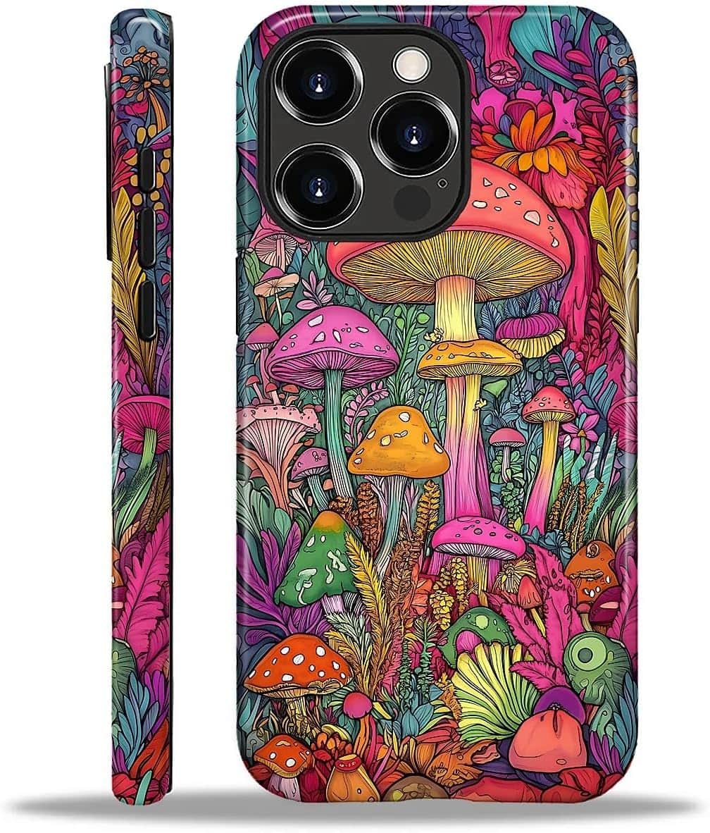BUBM - Smartphone Case for iPhone 16 Pro Max - 2-Layer Durable Smartphone Protection Case - Psychedelic Mushrooms