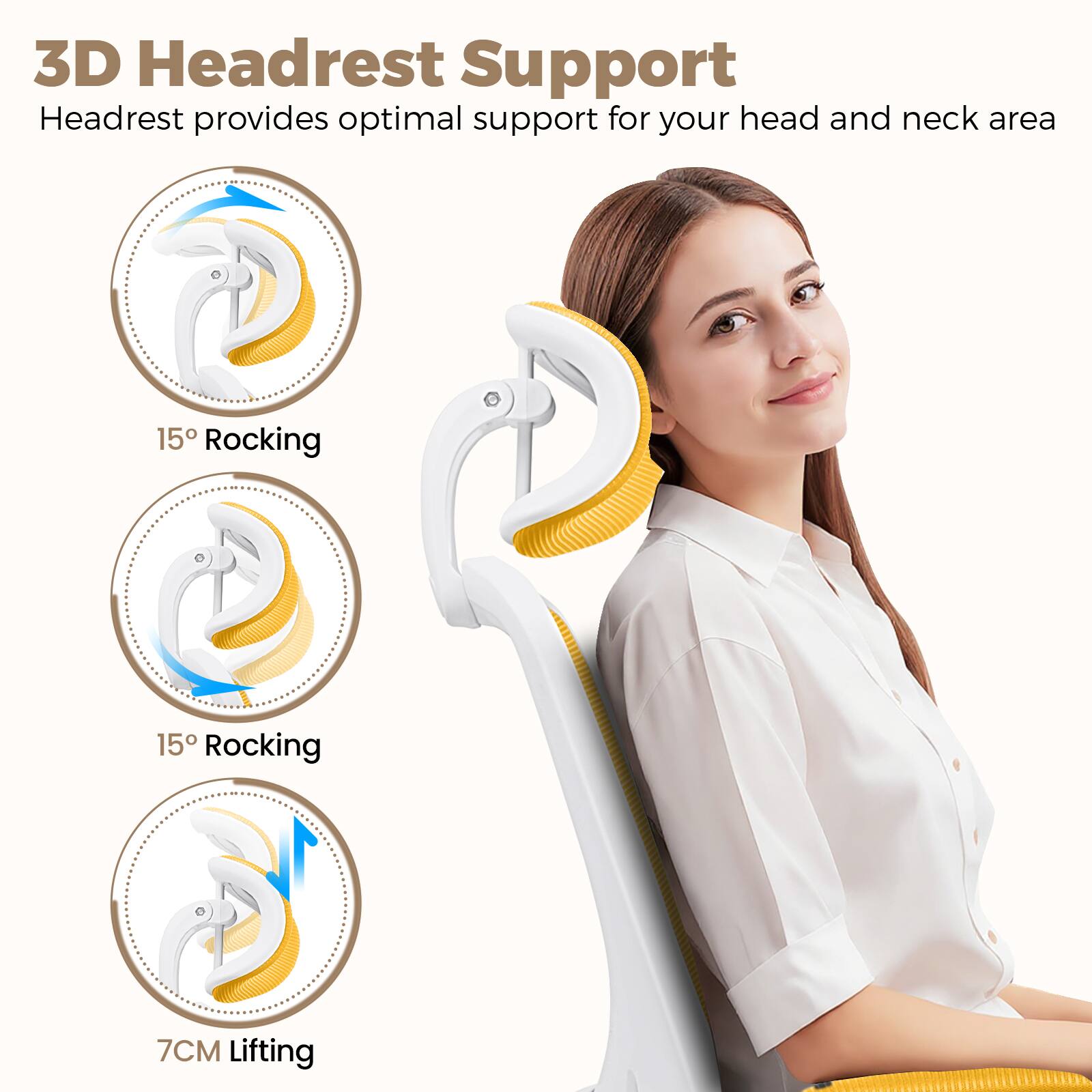 3D Headrest Support  
Headrest provides optimal support for your head and neck area  
15° Rocking  
15° Rocking  
7CM Lifting