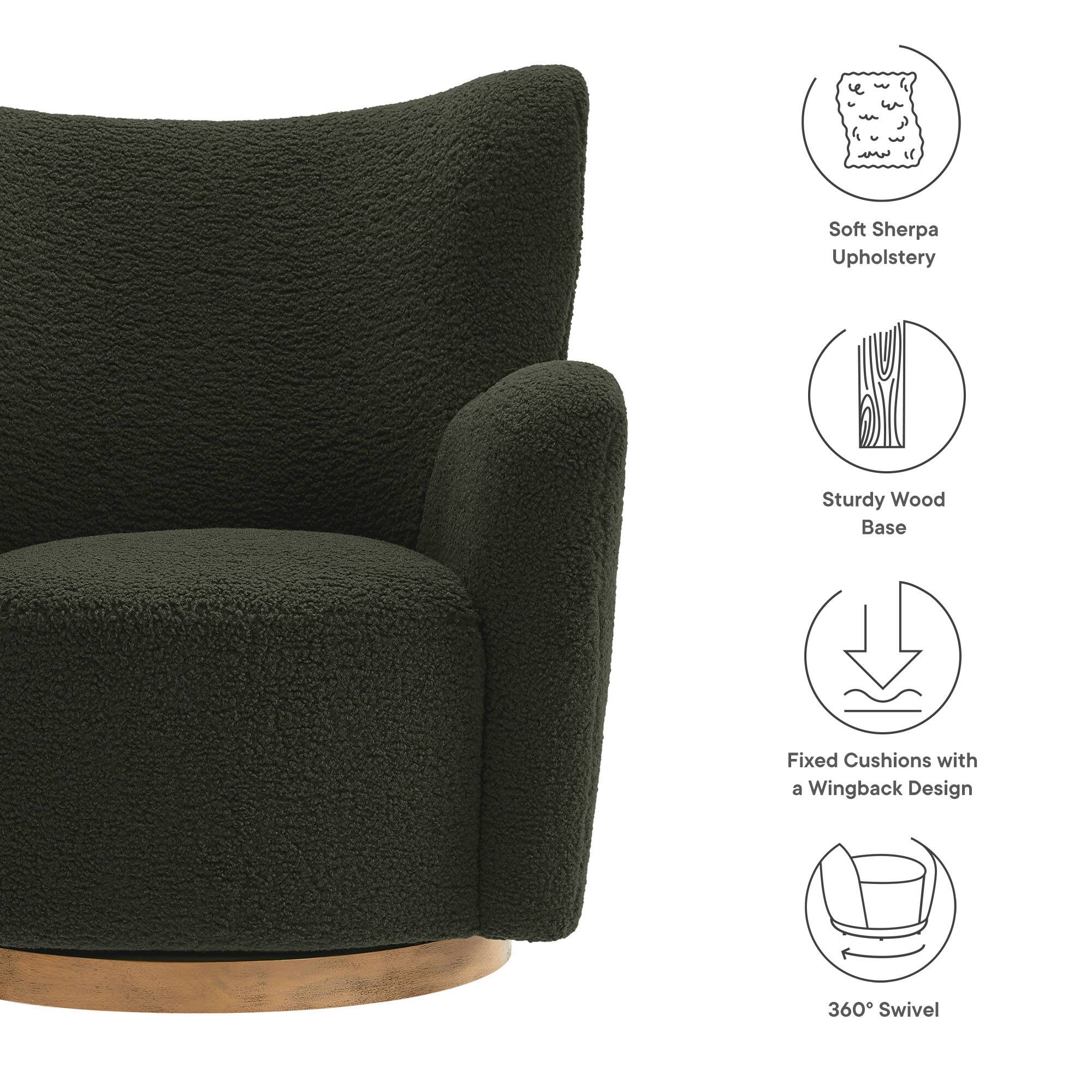 - Soft Sherpa Upholstery
- Sturdy Wood Base
- Fixed Cushions with a Wingback Design
- 360° Swivel