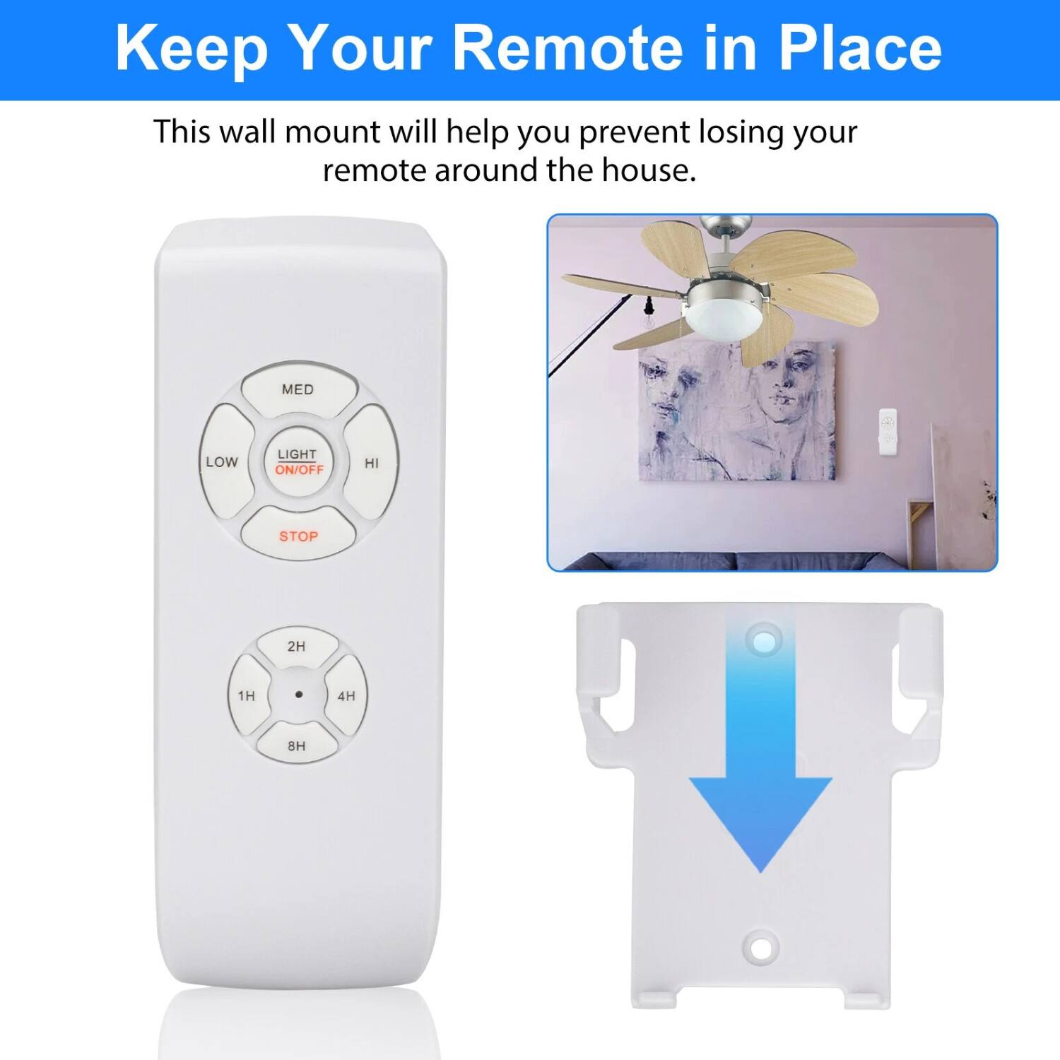 Keep Your Remote in Place

This wall mount will help you prevent losing your remote around the house.

MED LOW LIGHT ON/OFF HI STOP 2H 1H 4H 8H