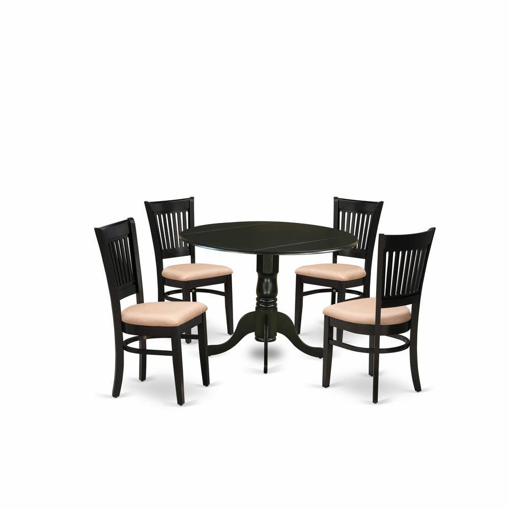 Left. East West Furniture - East West Furniture - DLVA5-BLK-C - 5-Pc Dining Room Table Set- 4 Wooden Chairs with Linen Fabric Seat and Slatted - Black.