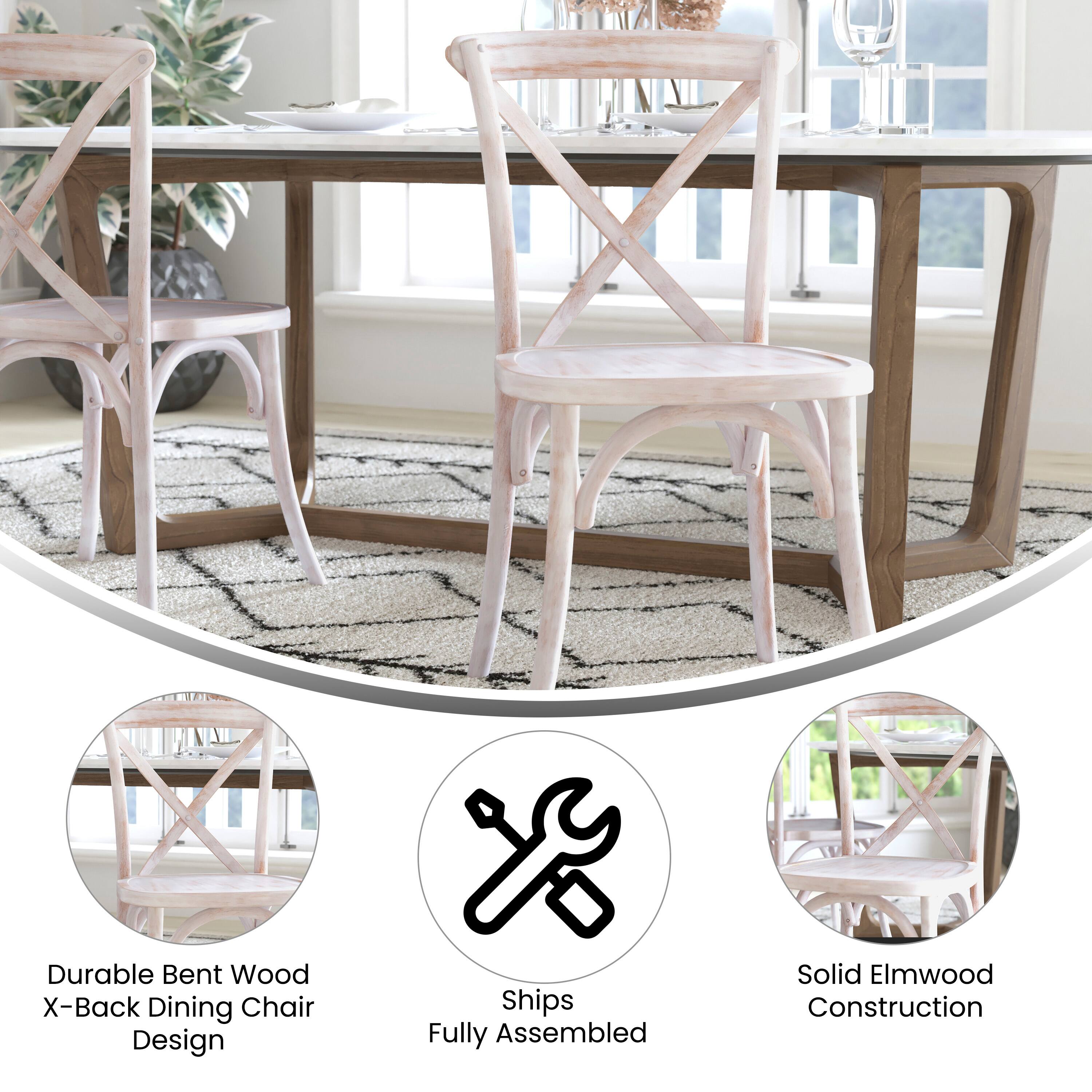 Durable Bent Wood X-Back Dining Chair Design  
Ships Fully Assembled  
Solid Elmwood Construction