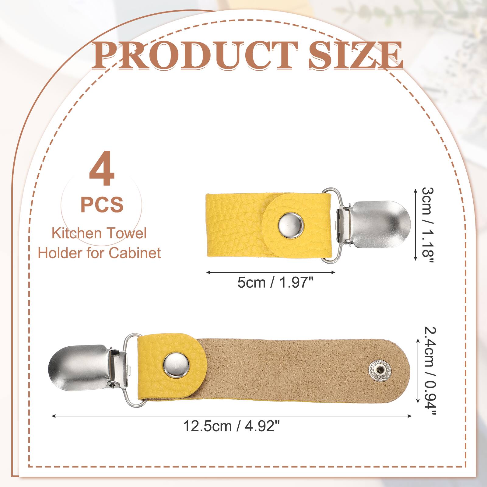 PRODUCT SIZE

4 PCS Kitchen Towel Holder for Cabinet

5cm / 1.97"  
3cm / 1.18"  
12.5cm / 4.92"  
2.4cm / 0.94"