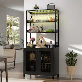 Aheaplus - 67'' Tall Wine Cabinet with LED Light and Power Strip, Liquor Cabinet with Glass Holder & Shelves - Black