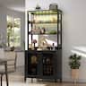 Aheaplus - 67'' Tall Wine Cabinet with LED Light and Power Strip, Liquor Cabinet with Glass Holder & Shelves - Black