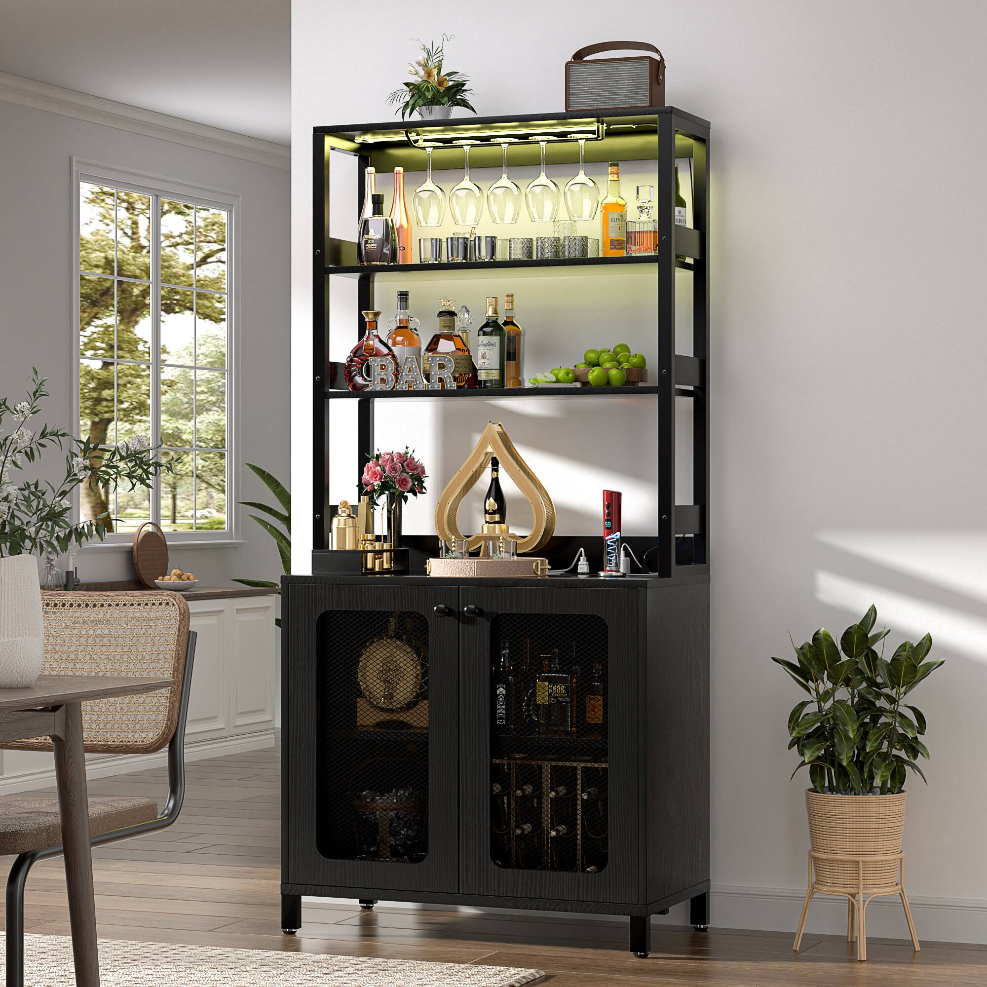 Front. Aheaplus - 67'' Tall Wine Cabinet with LED Light and Power Strip, Liquor Cabinet with Glass Holder & Shelves - Black.