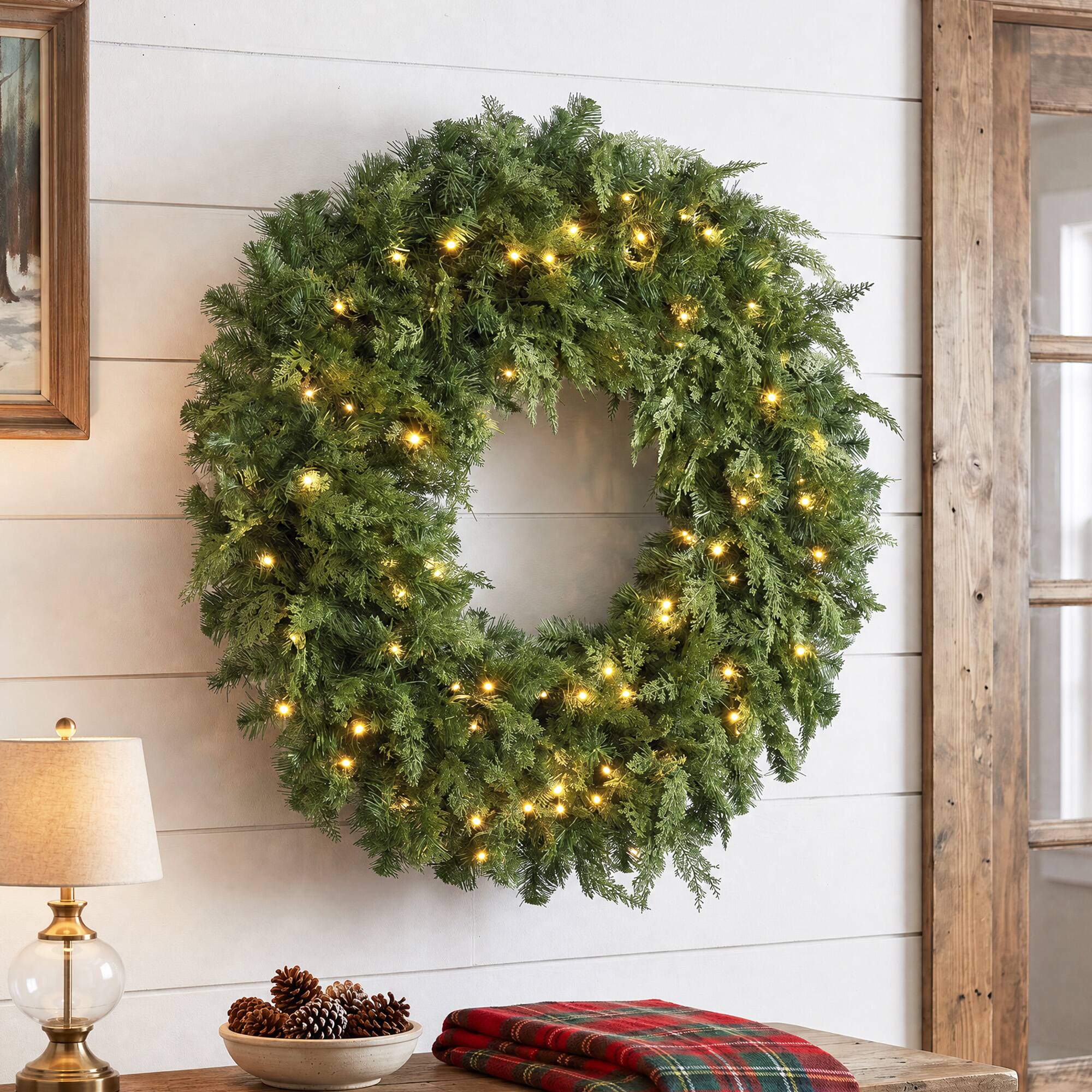 Alt View 1. Homcom - Prelit Crestwood Spruce Artificial Christmas Wreath, Christmas Decor with Bow, LEDs, 8 Modes - Green.