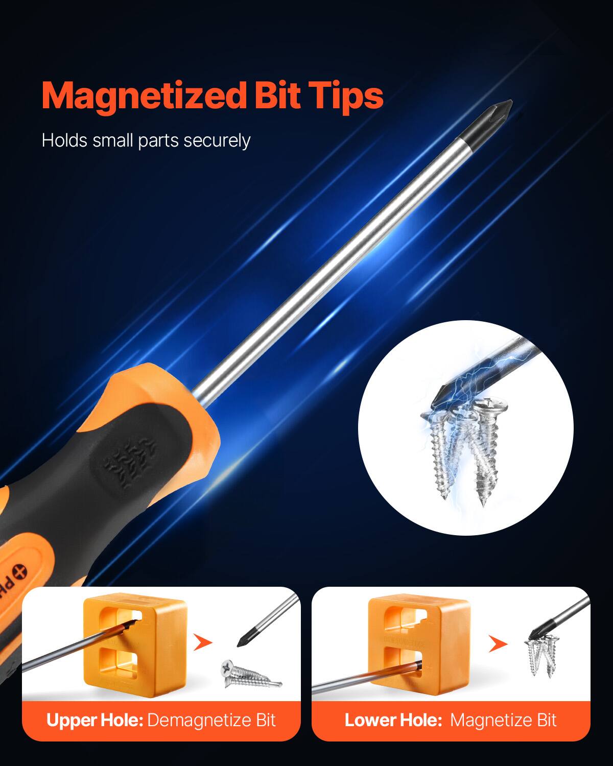 Magnetized Bit Tips  
Holds small parts securely  

Upper Hole: Demagnetize Bit  
Lower Hole: Magnetize Bit