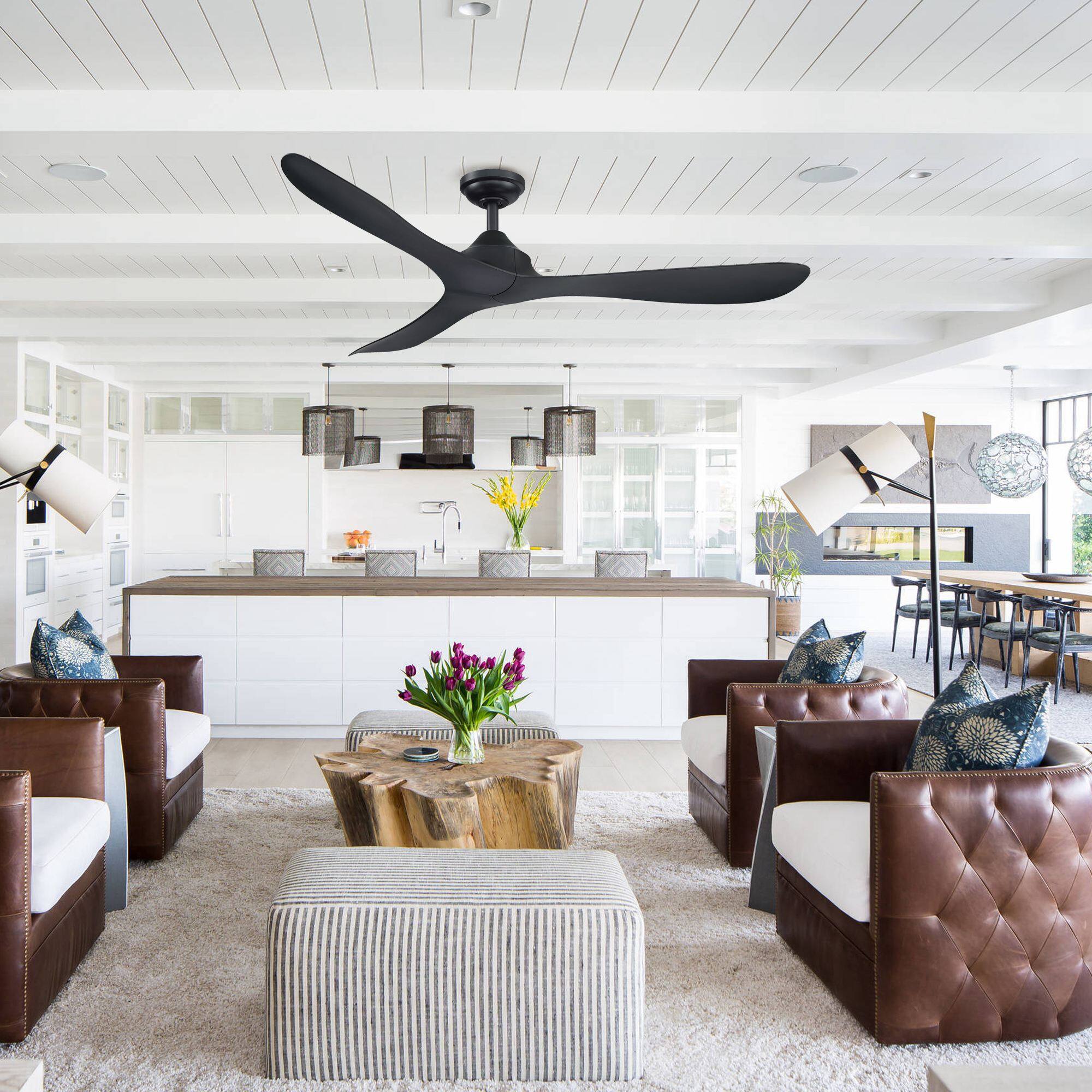 Angle. Parrot Uncle - 56 in. Modern Black Propeller 3-Blade Ceiling Fan with Remote Control without Light - Black.