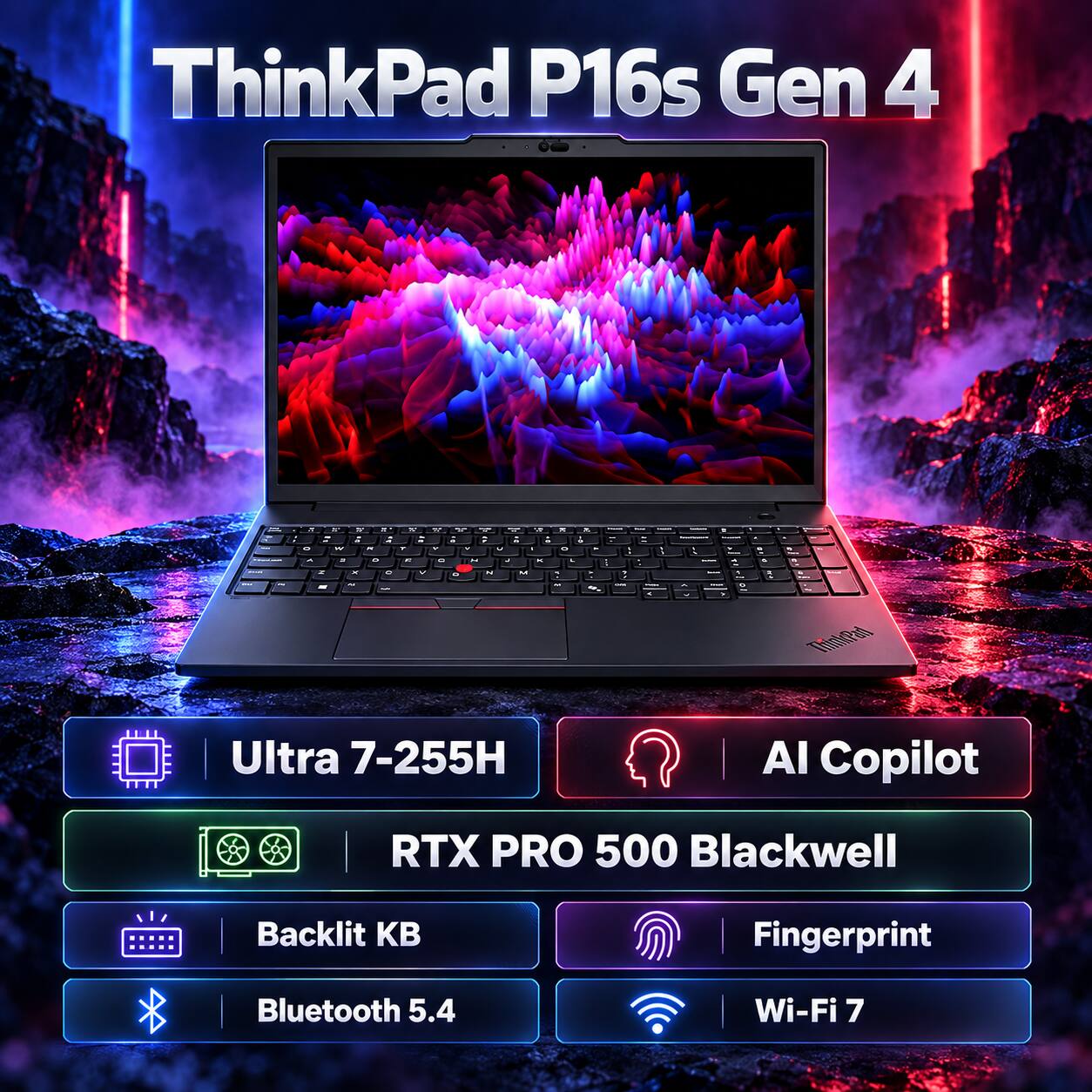 ThinkPad P16s Gen 4

- Ultra 7-255H
- AI Copilot
- RTX PRO 500 Blackwell
- Backlit KB
- Fingerprint
- Bluetooth 5.4
- Wi-Fi 7