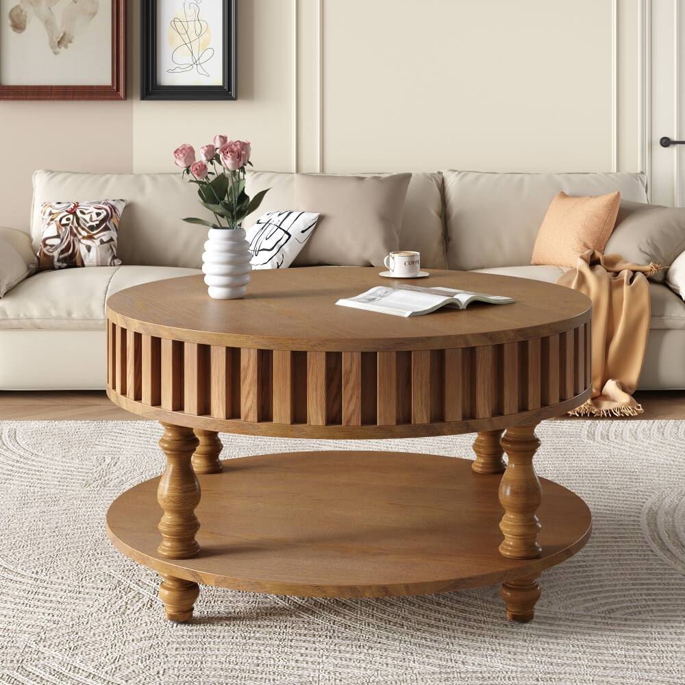 Back. Loheer - Loheer Farmhouse Fluted Coffee Table, Round Coffee Table with Hidden Storage, Walnut Brown - Walnut Brown.
