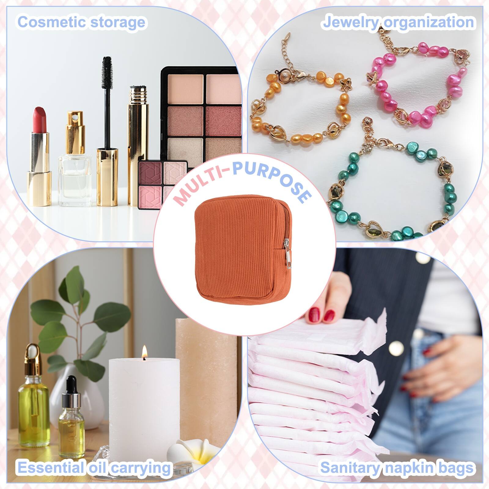 Cosmetic storage  
Jewelry organization  
MULTI-PURPOSE  
Essential oil carrying  
Sanitary napkin bags