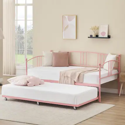 Front. Qeetex - Twin Daybed with Trundle, Steel Slat Support, No Box Spring Needed, Guest Sofa Bed, Pink - Pink.