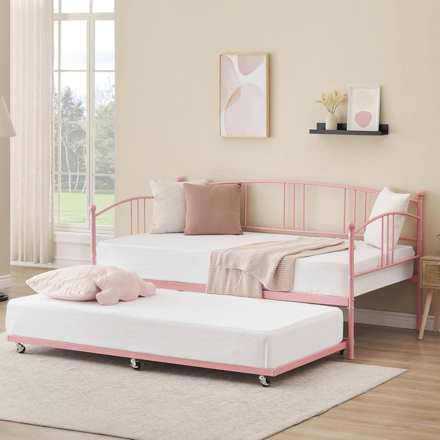 Front. Qeetex - Twin Daybed with Trundle, Steel Slat Support, No Box Spring Needed, Guest Sofa Bed, Pink - Pink.