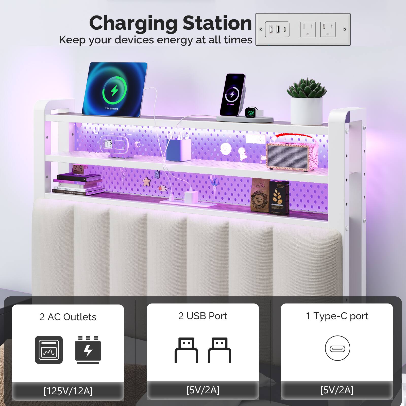 Charging Station  
Keep your devices energy at all times  

4 - Cran 729 | SI d 219 SE2 - I - - 2 AC Outlets  
2 USB Port  
1 Type-C port  

[125V/12A]  
[5V/2A]  
[5V/2A]