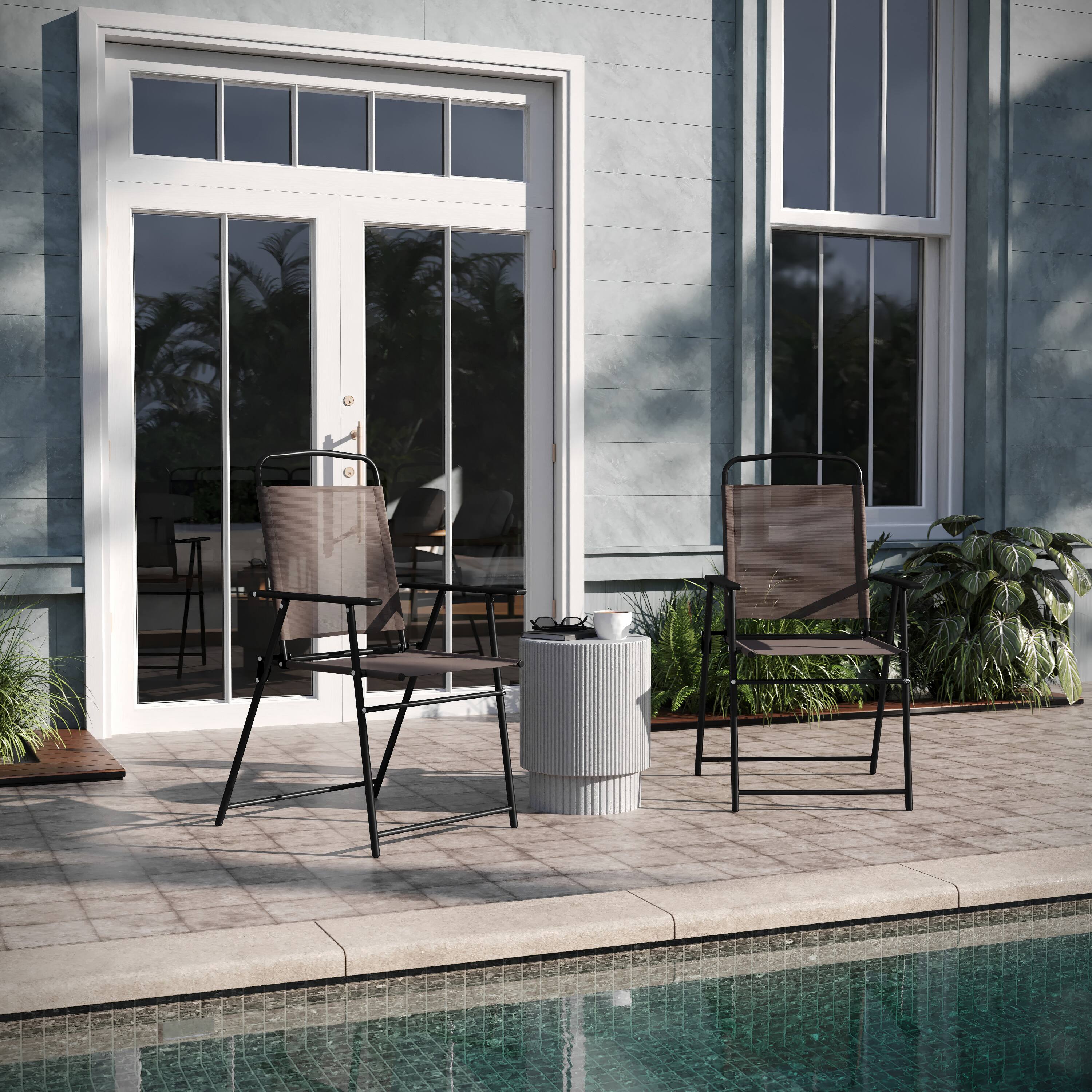 Alt View 2. Emma + Oliver - Munroe Set of 2 Textilene Folding Sling Style Patio Chairs with Armrests - Brown.