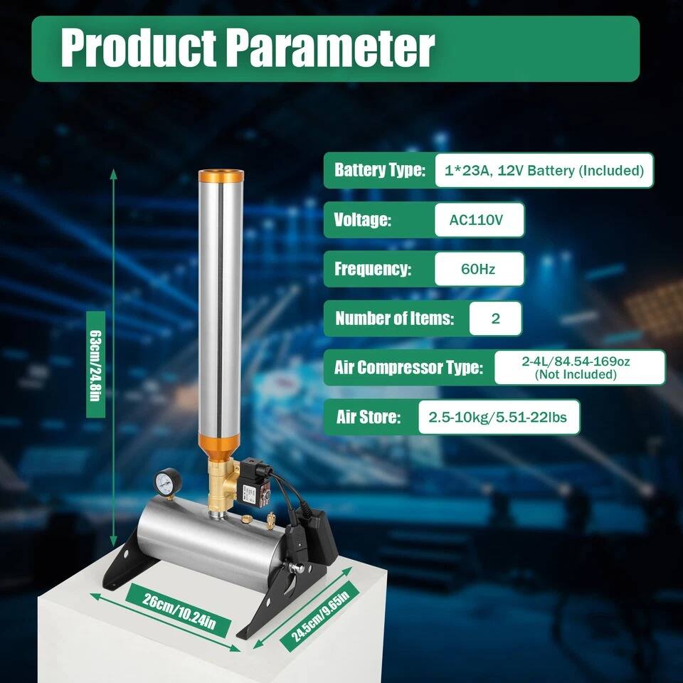 Product Parameter

- Battery Type: 1*23A, 12V Battery (Included)
- Voltage: AC110V
- Frequency: 60Hz
- Number of Items: 2
- Air Compressor Type: 2-4L/84.54-169oz (Not Included)
- Air Store: 2.5-10kg/5.51-22lbs

Dimensions:
- Height: 63cm/24.8in
- Width: 26cm/10.24in
- Depth: 24.5cm/9.65in