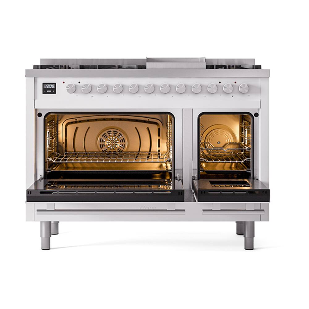 Alt View 1. ILVE - ILVE Professional Plus II Series 48 in. Dual Fuel Range with 8 Sealed Burners + Griddle (Natural Gas, Satin Trim) - White.