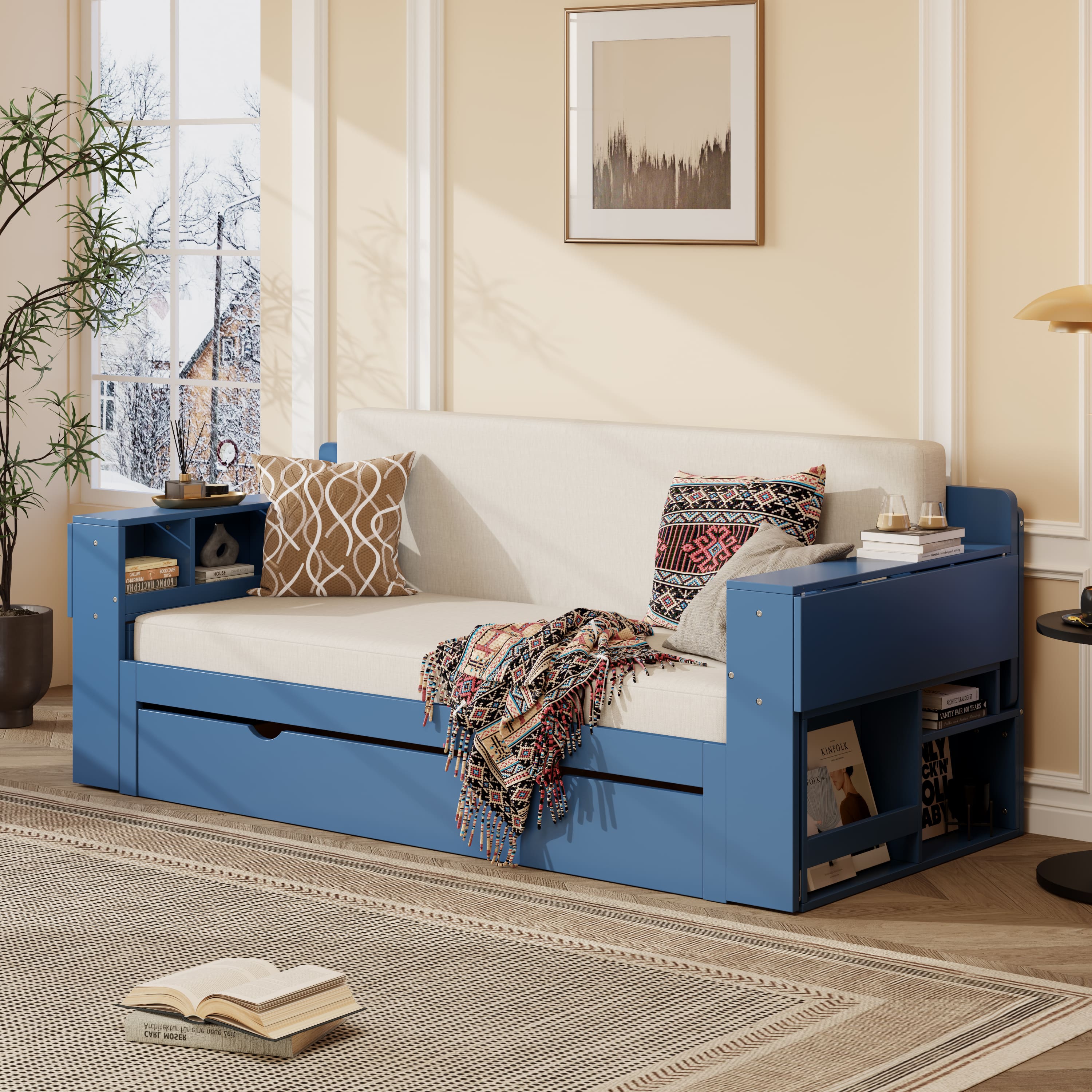 Anysun - Queen Size Daybed with Removable Desk, Storage Drawers & Hydraulic Side Table - Blue