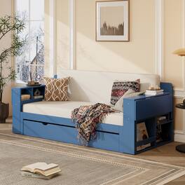 Anysun - Queen Size Daybed with Removable Desk, Storage Drawers & Hydraulic Side Table - Blue