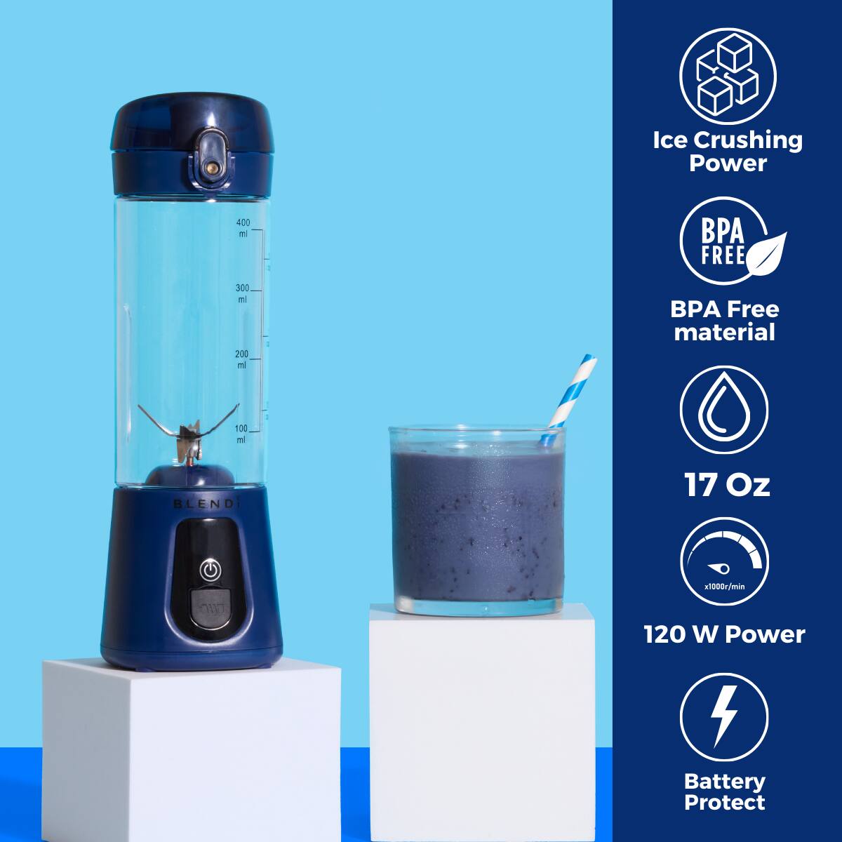 - Ice Crushing Power
- 400 ml
- FREE 300 ml
- 200 ml
- BPA Free material
- 100 ml
- BLEND
- 17 Oz
- x1000r/min
- 120 W Power
- Battery Protect