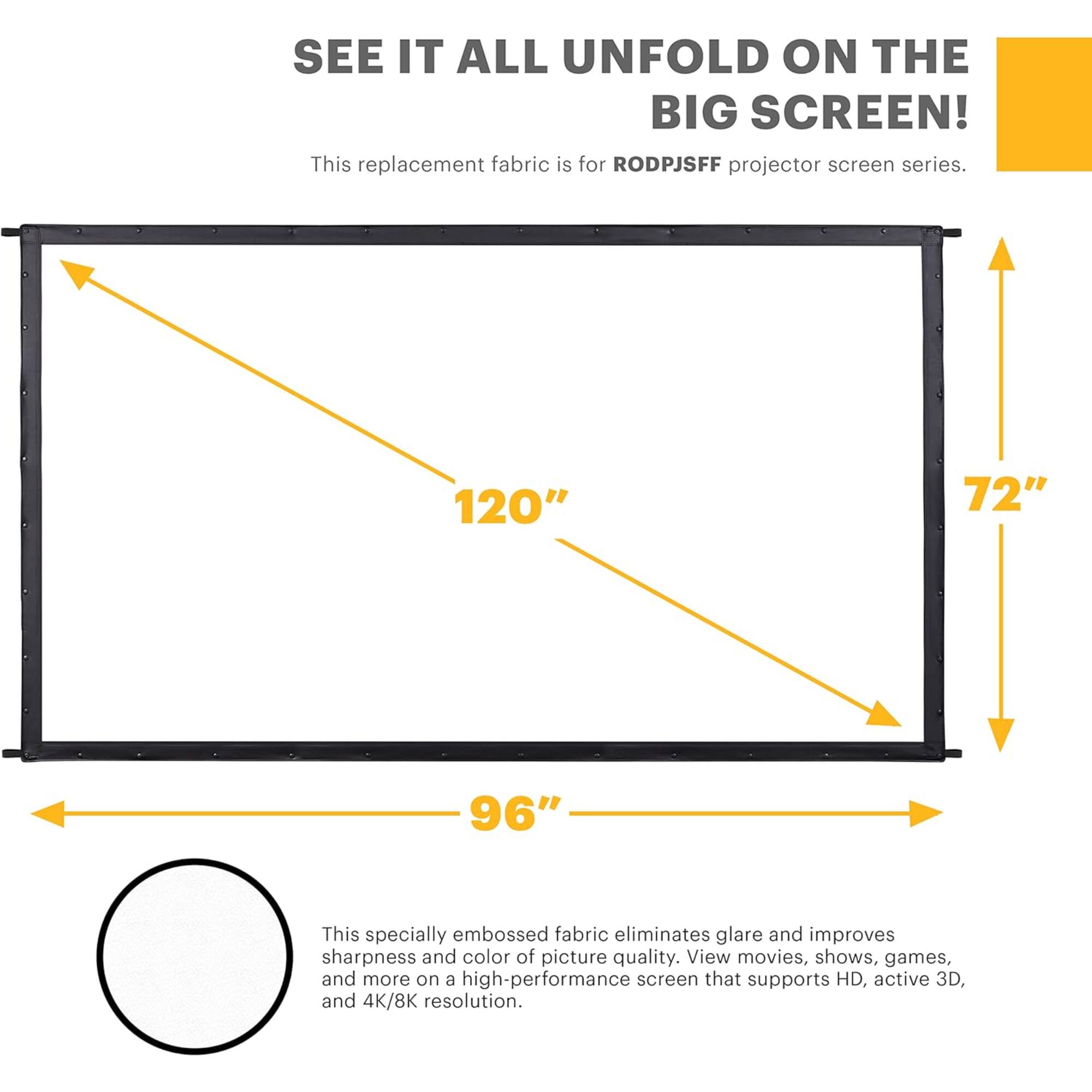 SEE IT ALL UNFOLD ON THE BIG SCREEN! This replacement fabric is for RODPJSFF projector screen series. 120" 72" 96" This specially embossed fabric eliminates glare and improves sharpness and color of picture quality. View movies, shows, games, and more on a high-performance screen that supports HD, active 3D, and 4K/8K resolution.
