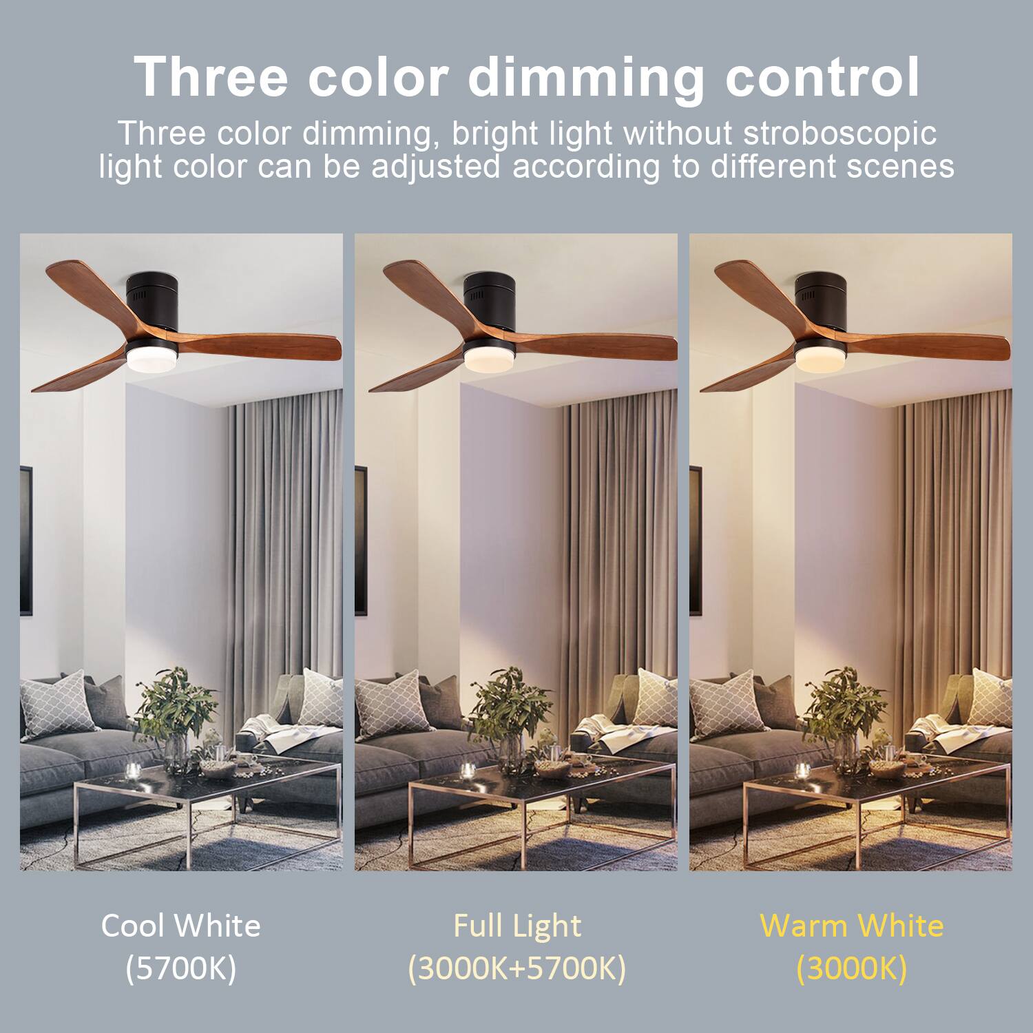 Three color dimming control

Three color dimming, bright light without stroboscopic light color can be adjusted according to different scenes

Cool White (5700K)

Full Light (3000K+5700K)

Warm White (3000K)
